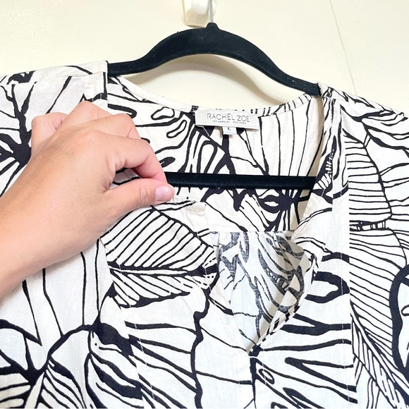 Rachel Zoe Off White & Black Leaf Print Linen Blend Puff Sleeve Top - Picture 3 of 7